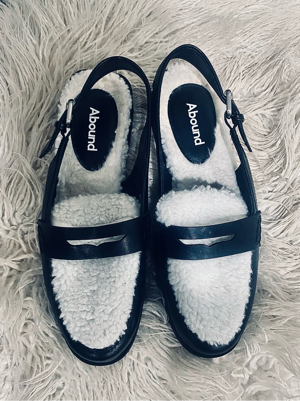 Abound Black Leather Slingback Loafers with White Sherpa Inset